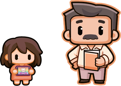 Una niña con el juego en la pantalla y un adulto con el manual